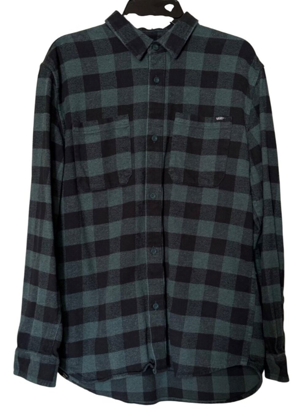 Vans Off The Wall Flannel Boys Buttoned Dark Green w/Black Pattern Shirt Size XL